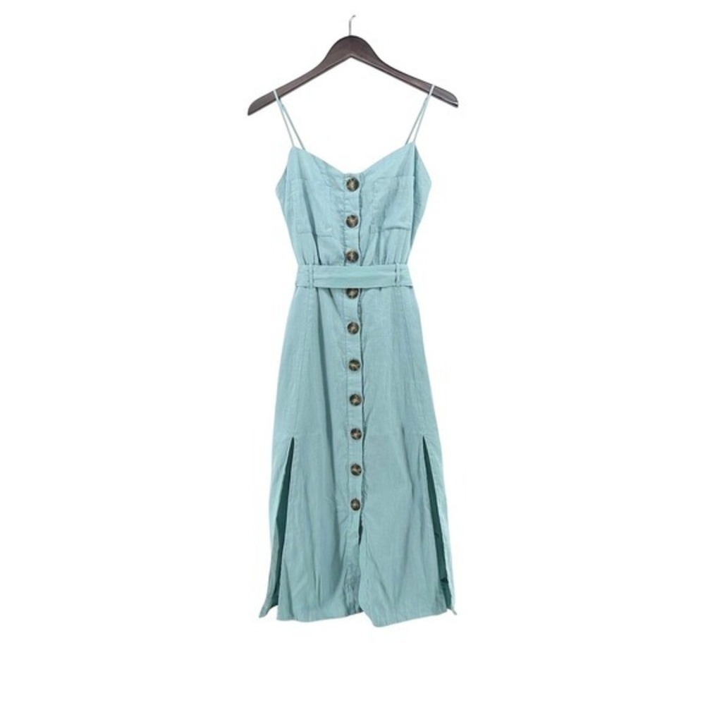Reiss Catalina Blue Green Linen Button Down Belted Midi Dress USA 8